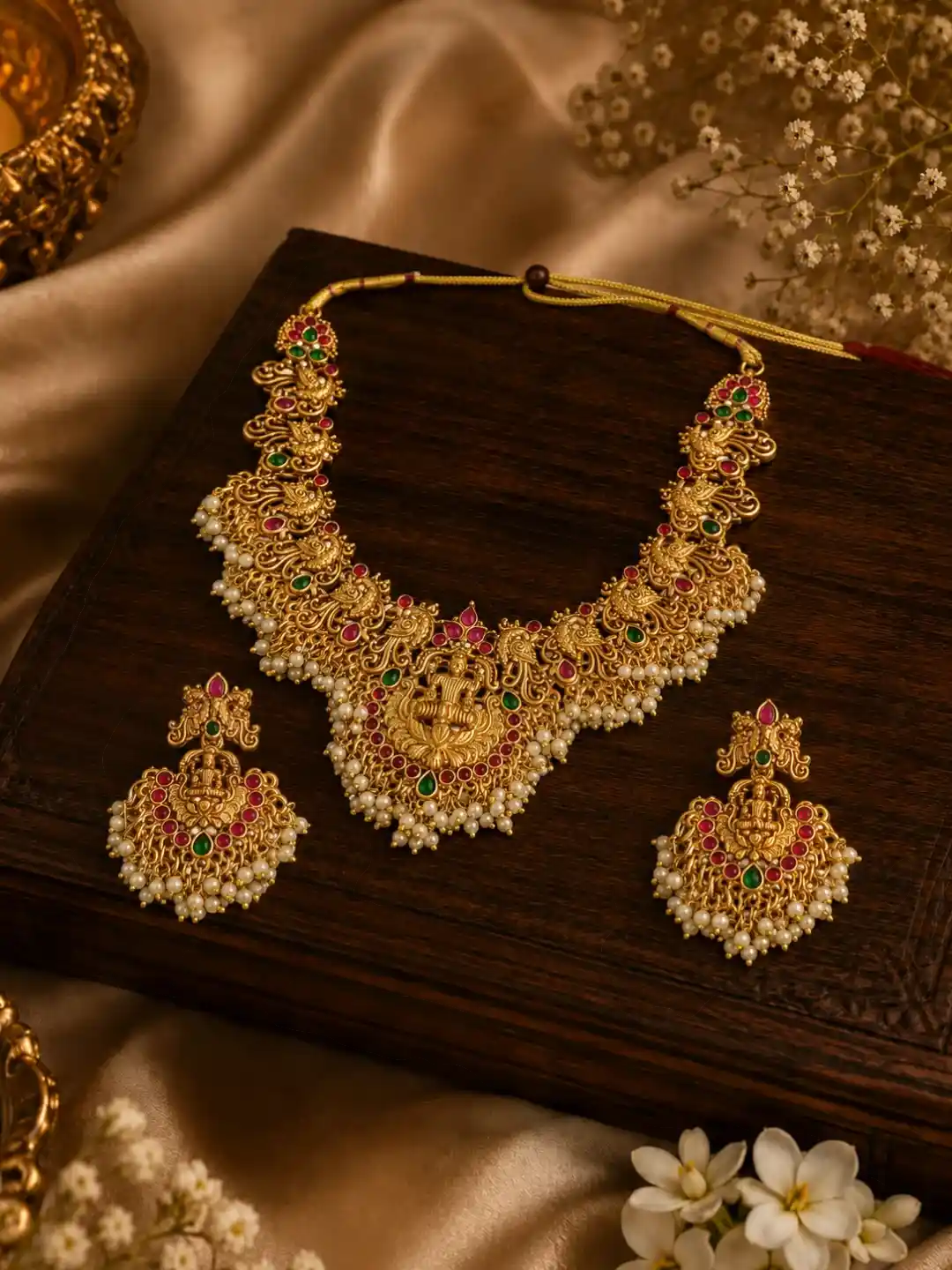 Gold Plated Peacock Temple Design Necklace Set with Earrings & Maang Tikka