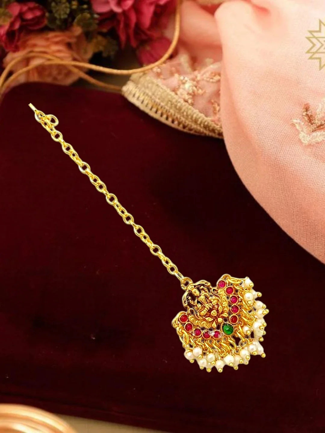 Gold Plated Peacock Temple Design Necklace Set with Earrings & Maang Tikka