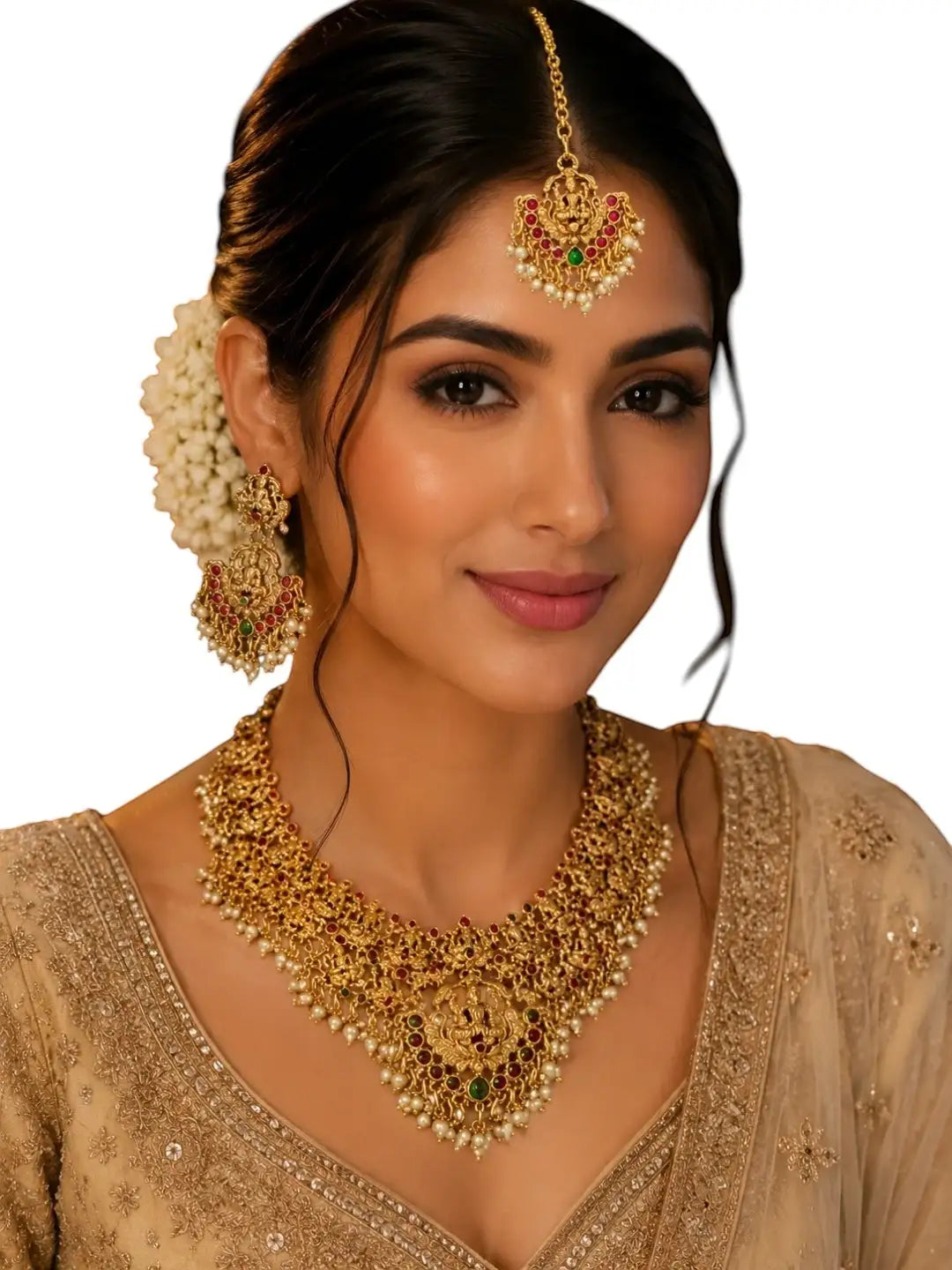 Gold Plated Peacock Temple Design Necklace Set with Earrings & Maang Tikka