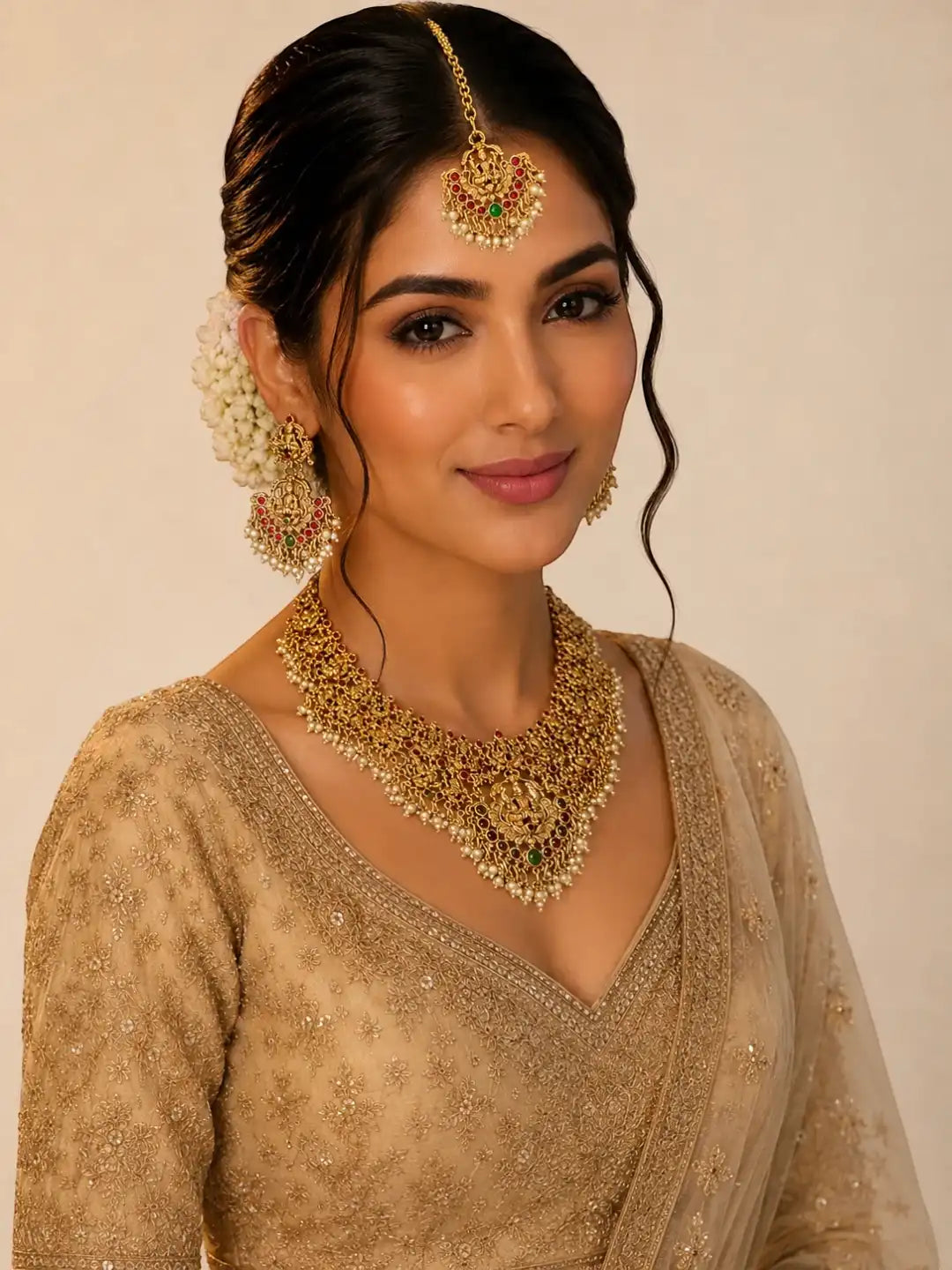 Gold Plated Peacock Temple Design Necklace Set with Earrings & Maang Tikka