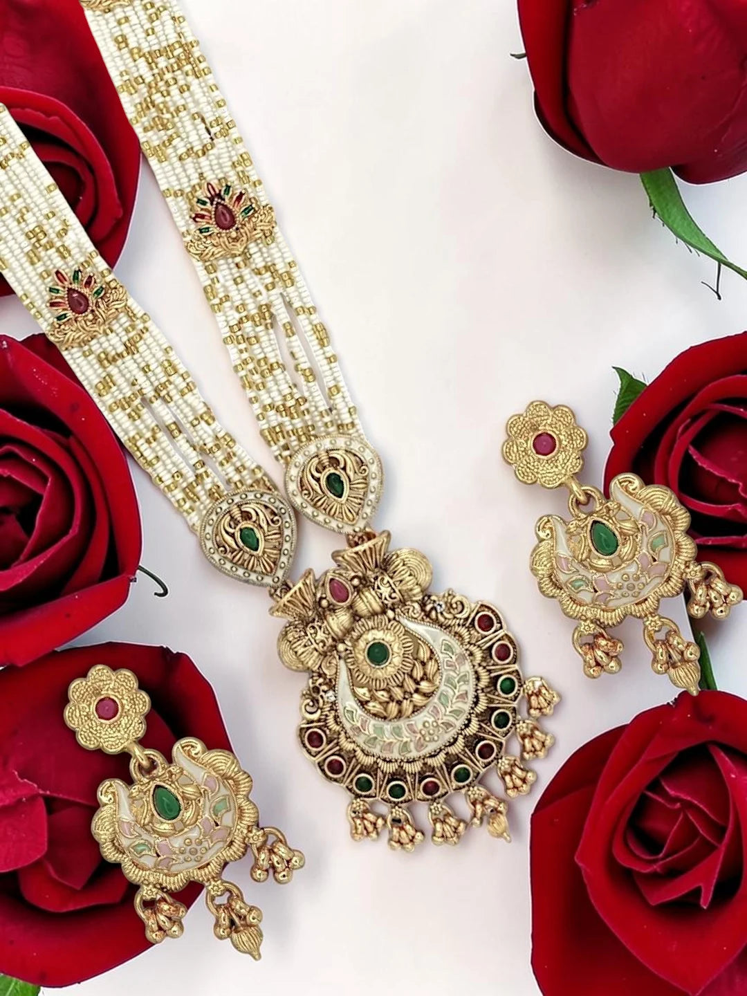 Gold Plated Meenakari Seed Beads Long Necklace Set