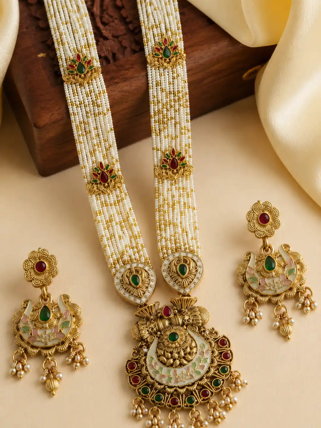Gold Plated Meenakari Seed Beads Long Necklace Set