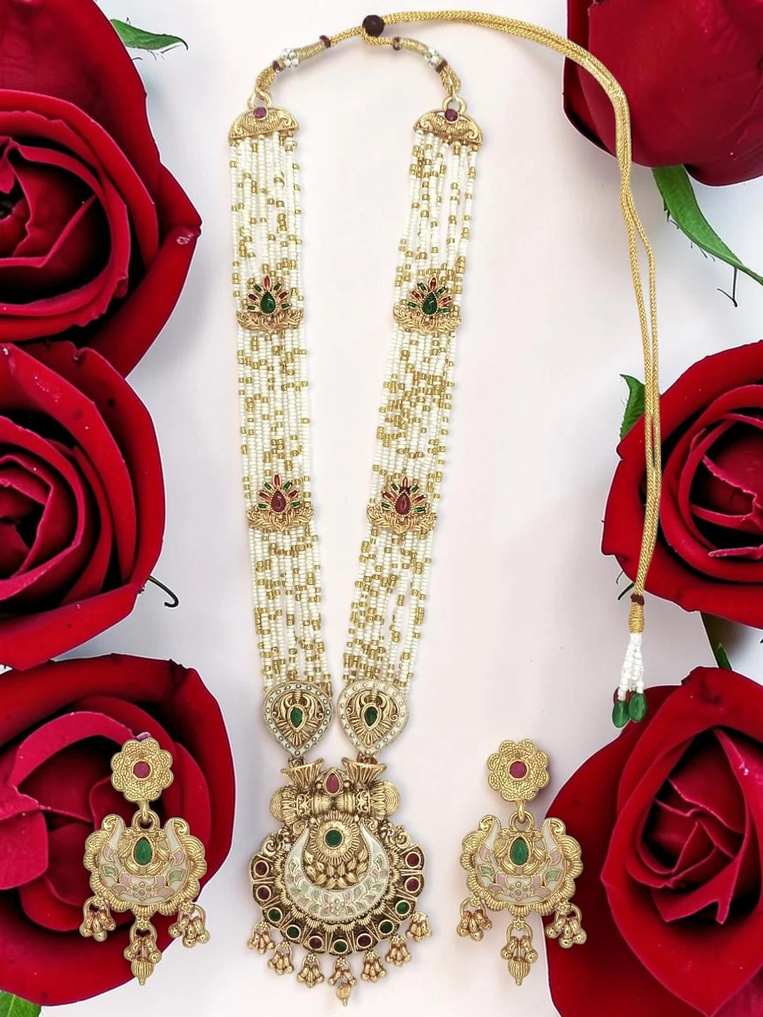 Gold Plated Meenakari Seed Beads Long Necklace Set