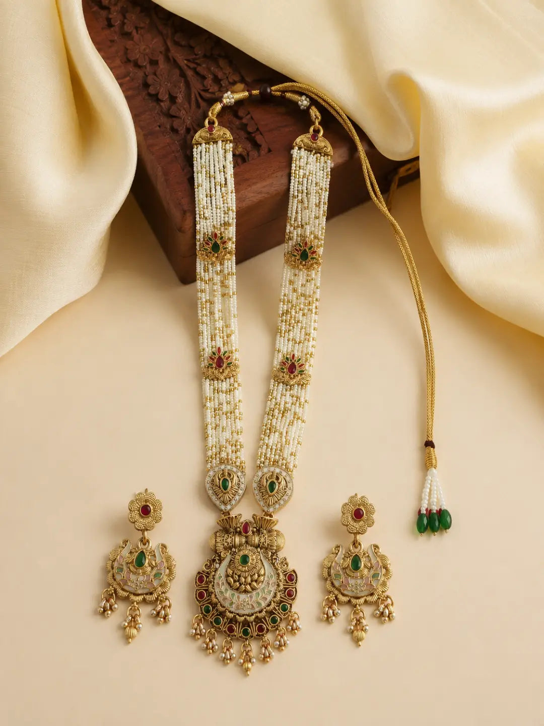 Gold Plated Meenakari Seed Beads Long Necklace Set