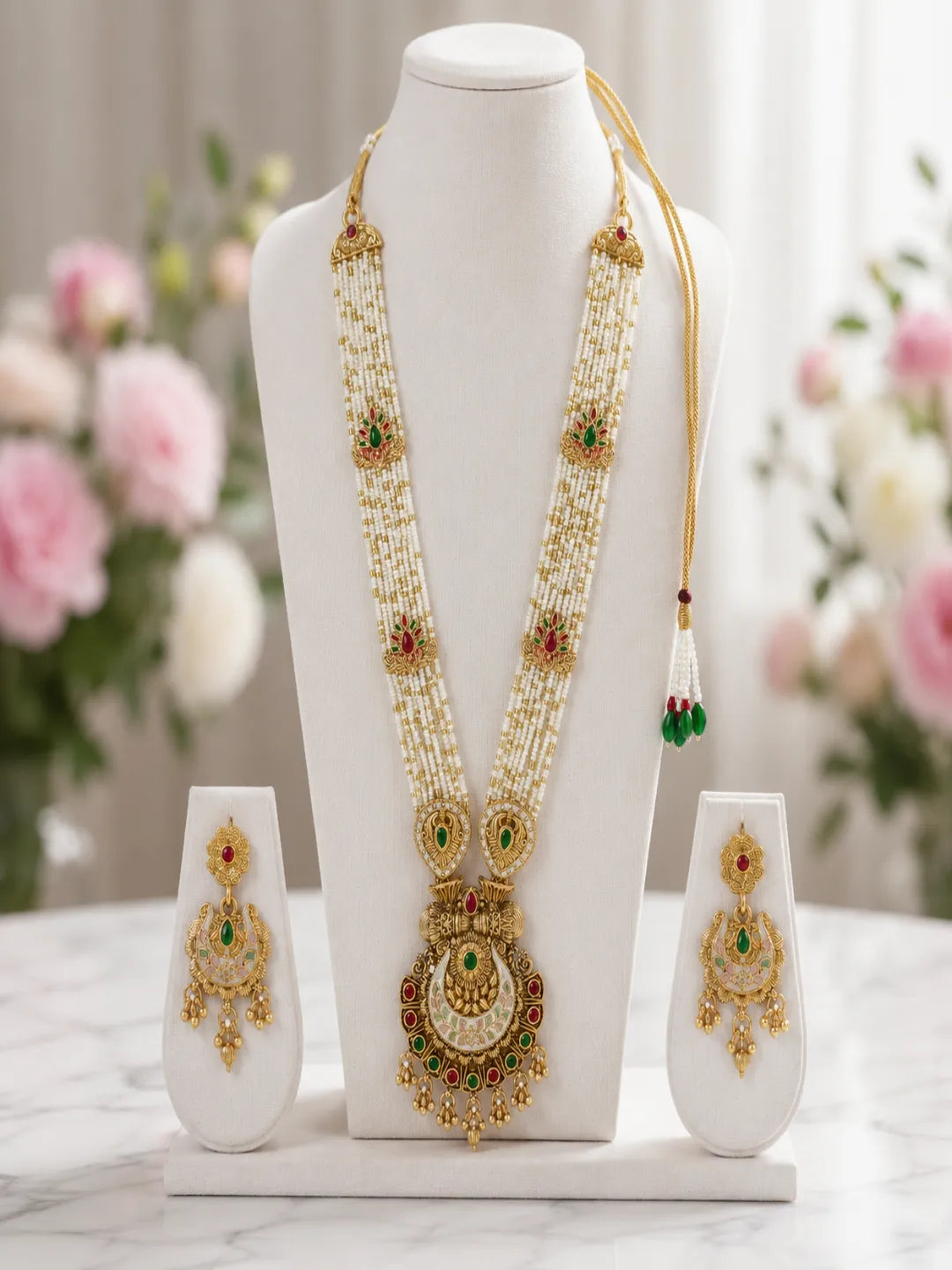 Gold Plated Meenakari Seed Beads Long Necklace Set