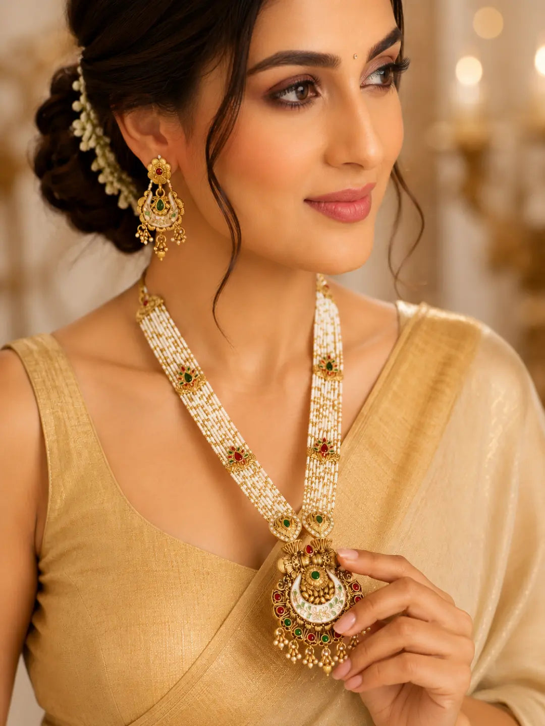 Gold Plated Meenakari Seed Beads Long Necklace Set