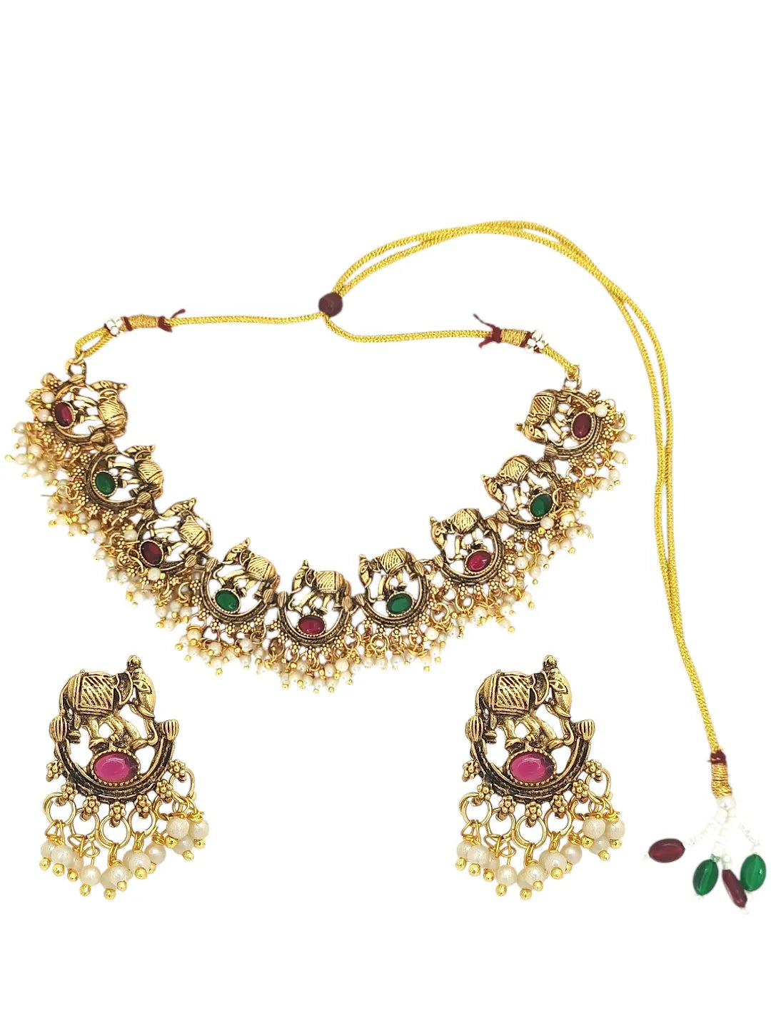 Gold-Plated Elephant Motifs Stone Studded Jewellery Set