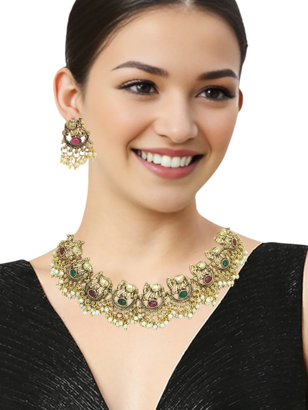 Gold-Plated Elephant Motifs Stone Studded Jewellery Set