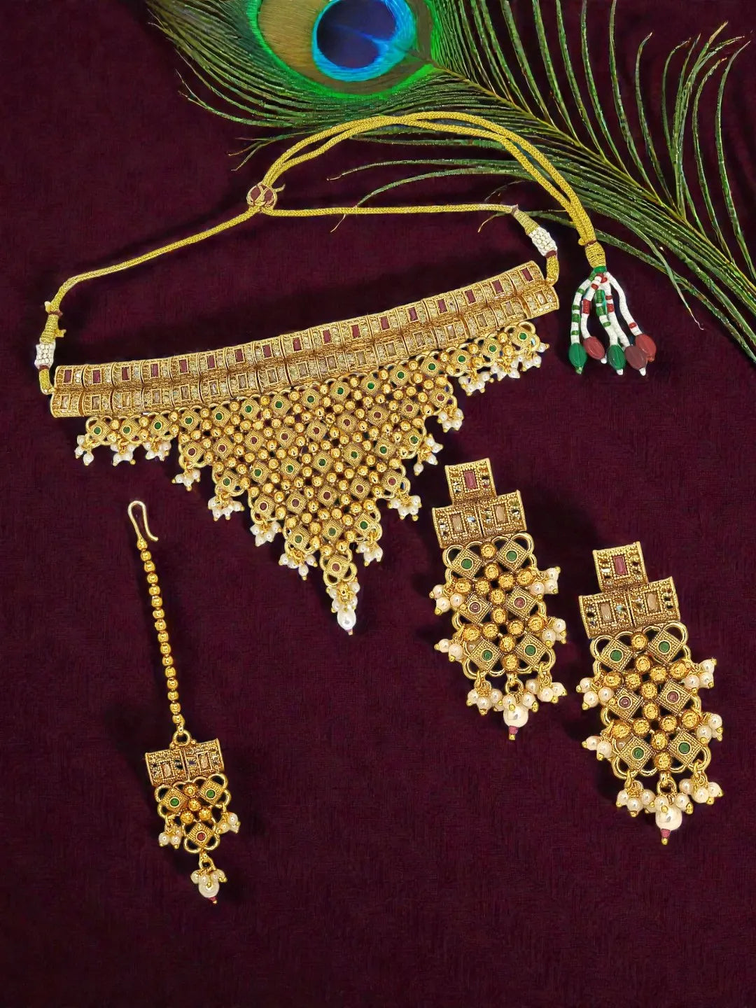 Gold-Plated Stone-Studded Maang Tika and Earrings