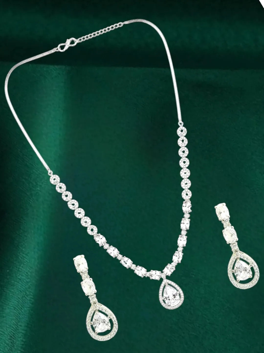 Silver Plated American Diamond Teardrop Necklace Set
