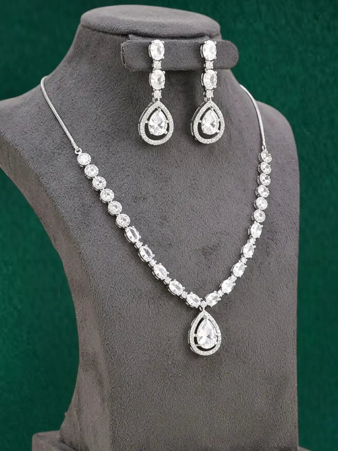 Silver Plated American Diamond Teardrop Necklace Set