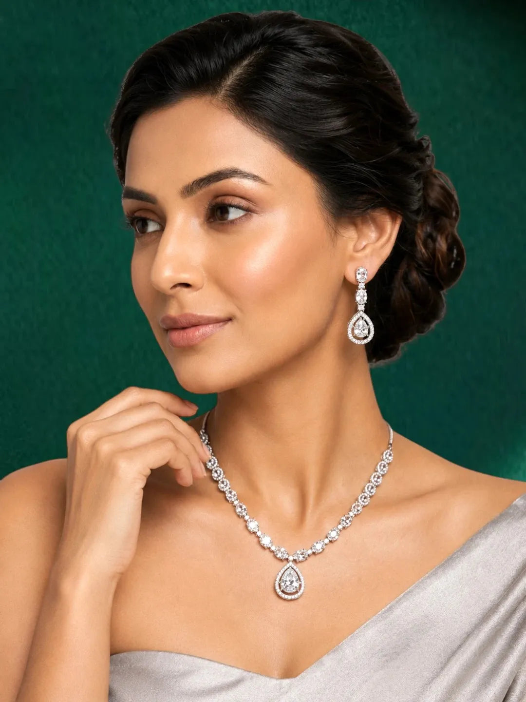 Silver Plated American Diamond Teardrop Necklace Set