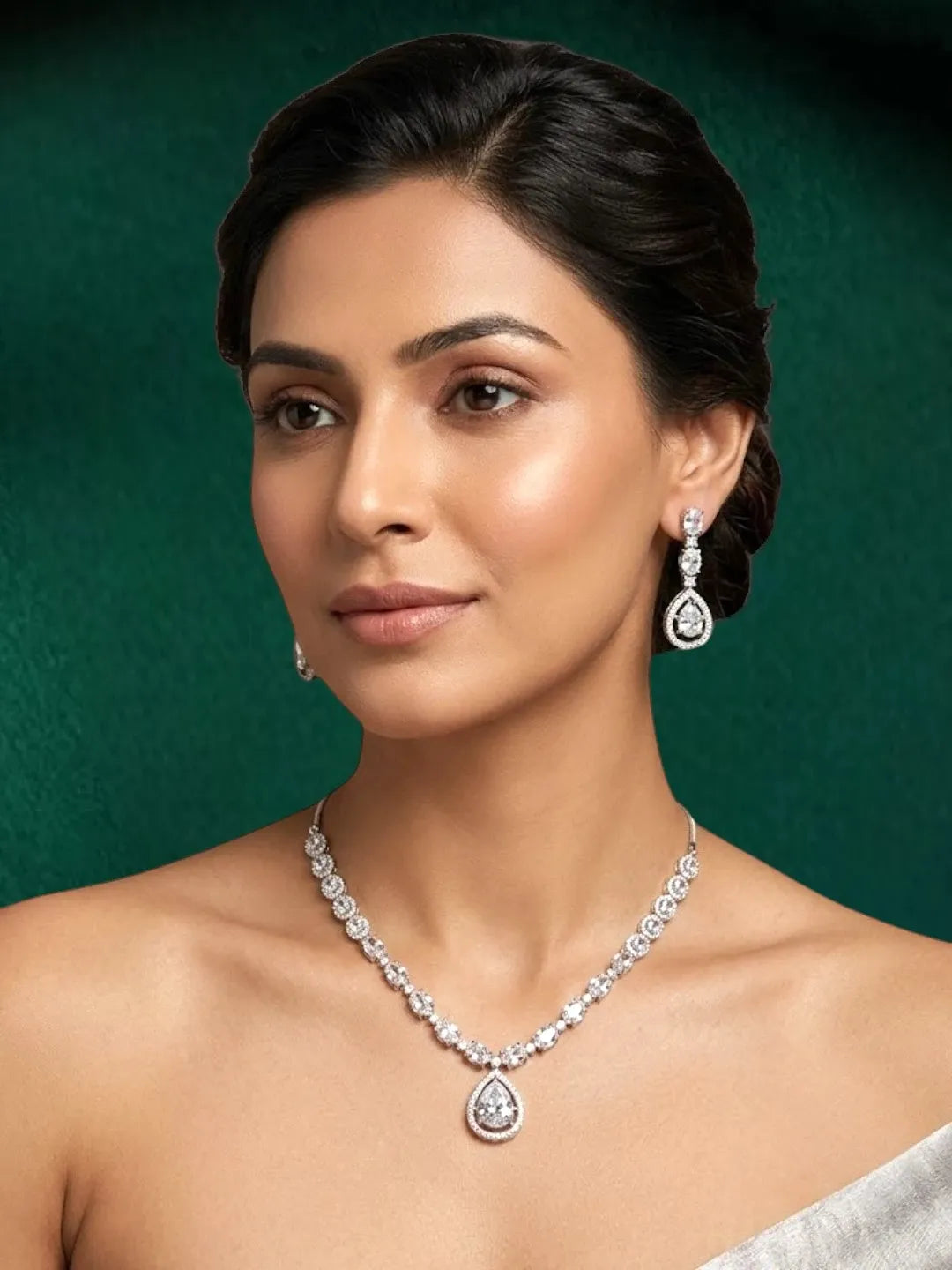 Silver Plated American Diamond Teardrop Necklace Set