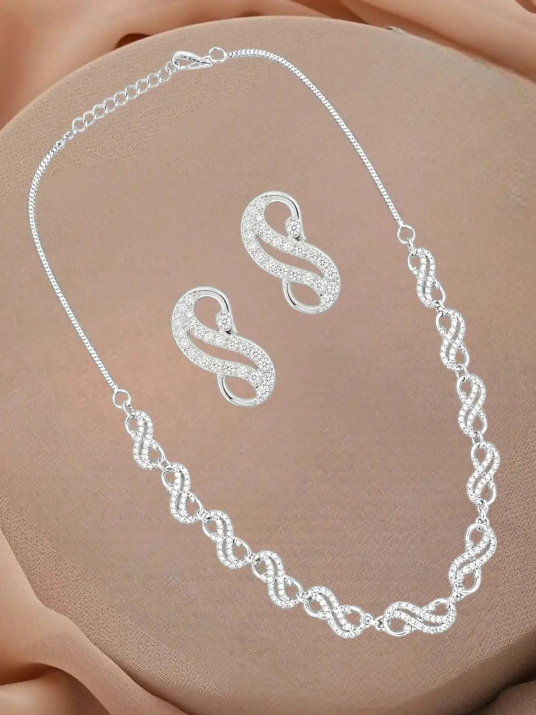 Silver Plated American Diamond Infinity Link Necklace Set