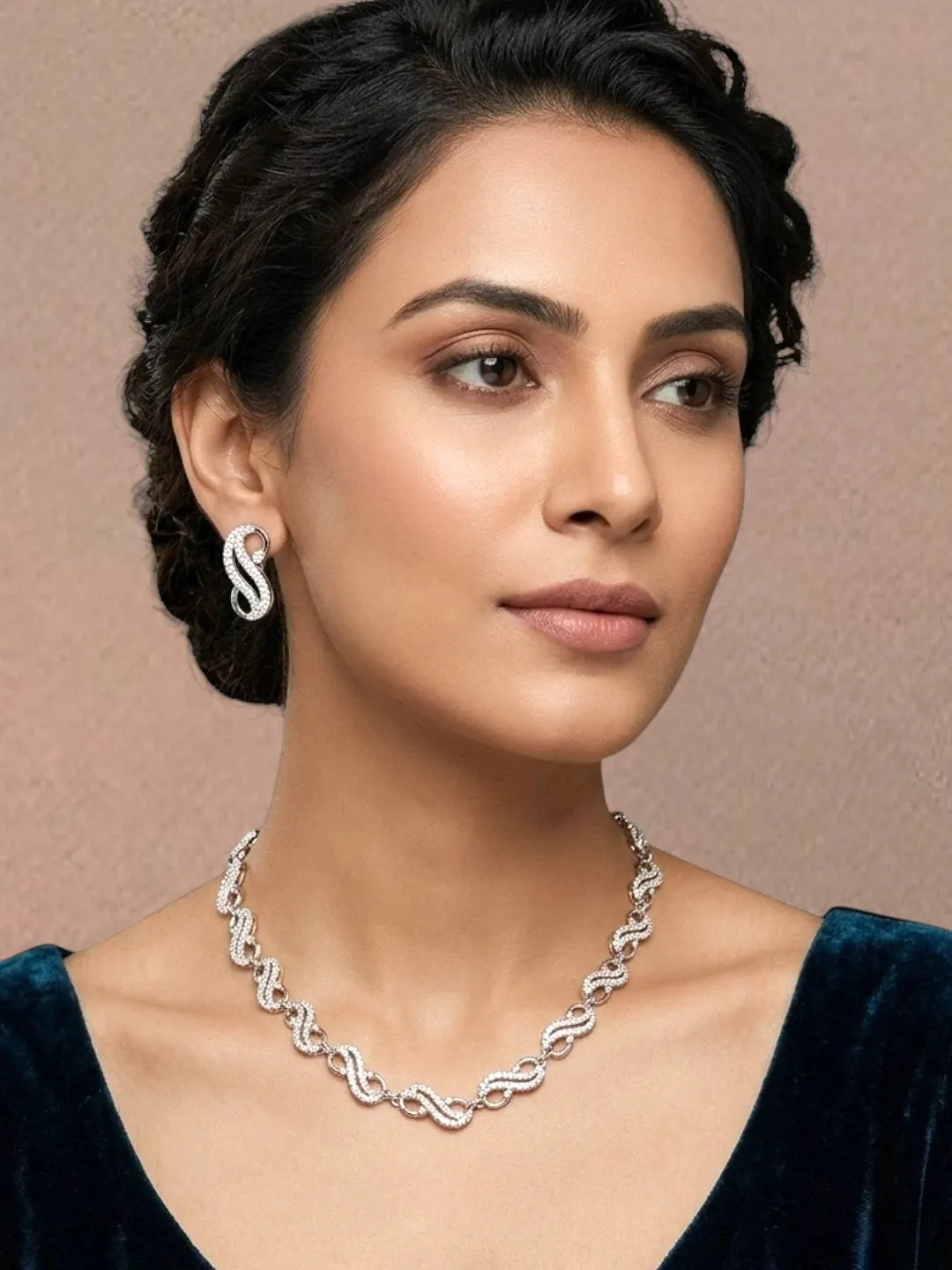 Silver Plated American Diamond Infinity Link Necklace Set