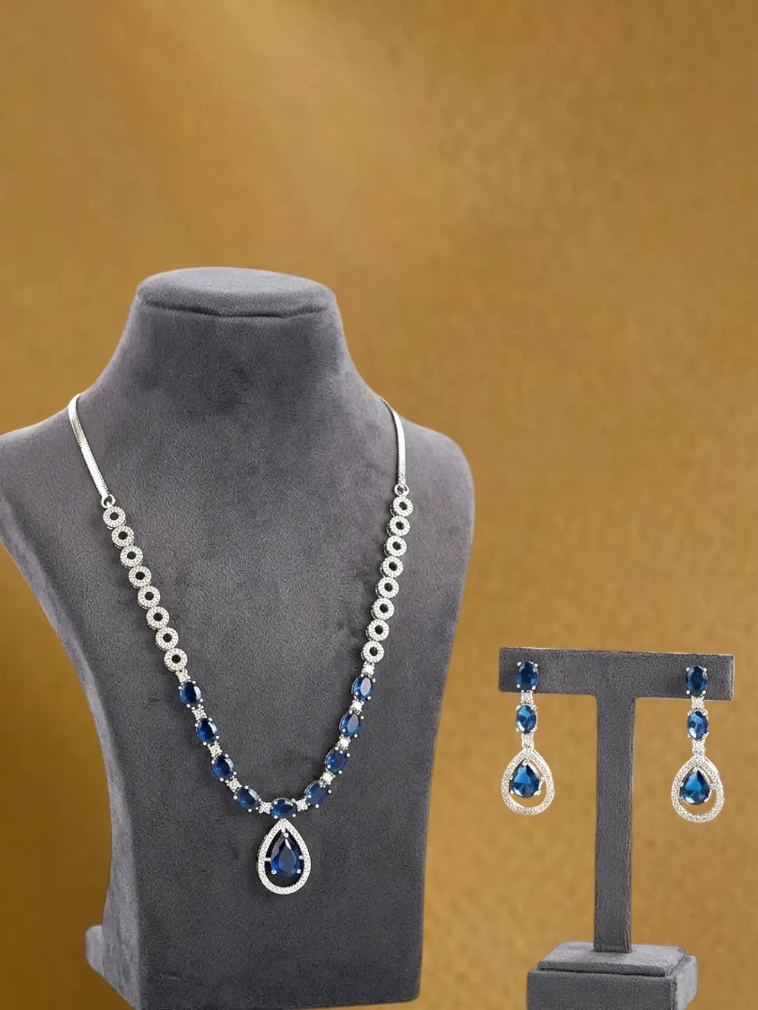 Silver Plated Elegance American Diamond Blue Necklace Set