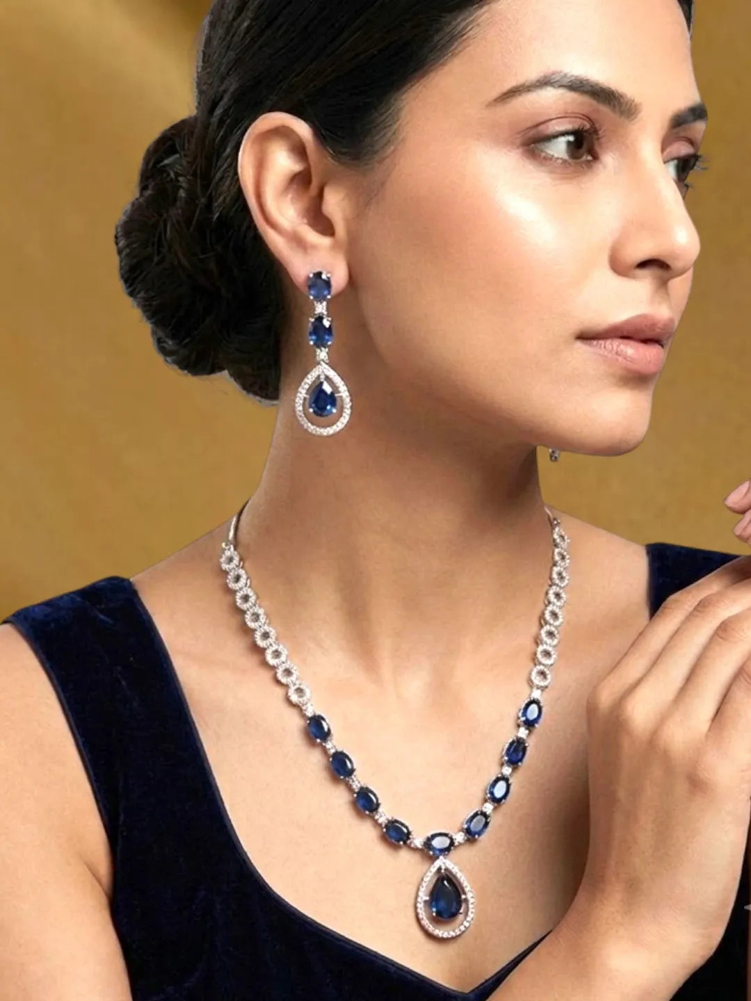 Silver Plated Elegance American Diamond Blue Necklace Set