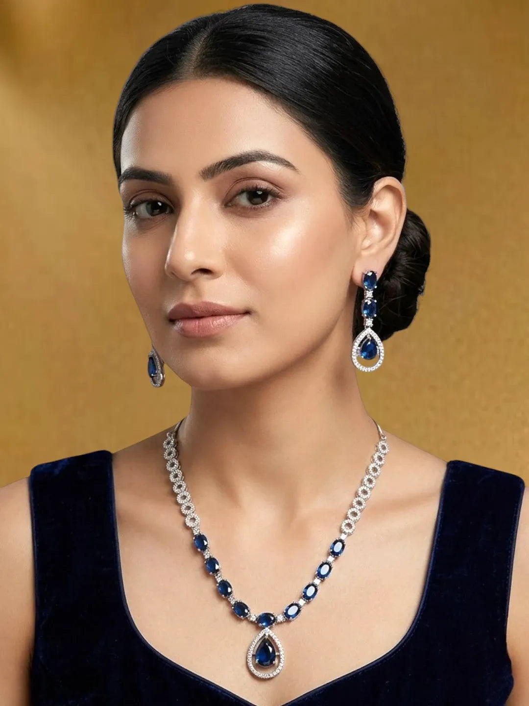 Silver Plated Elegance American Diamond Blue Necklace Set