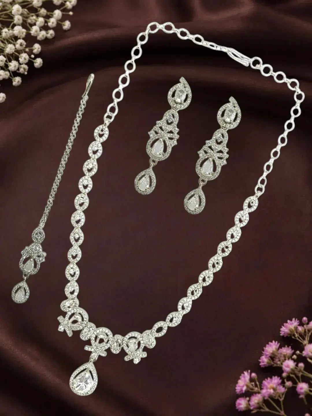 Silver Plated Pear Shape AD Necklace Set