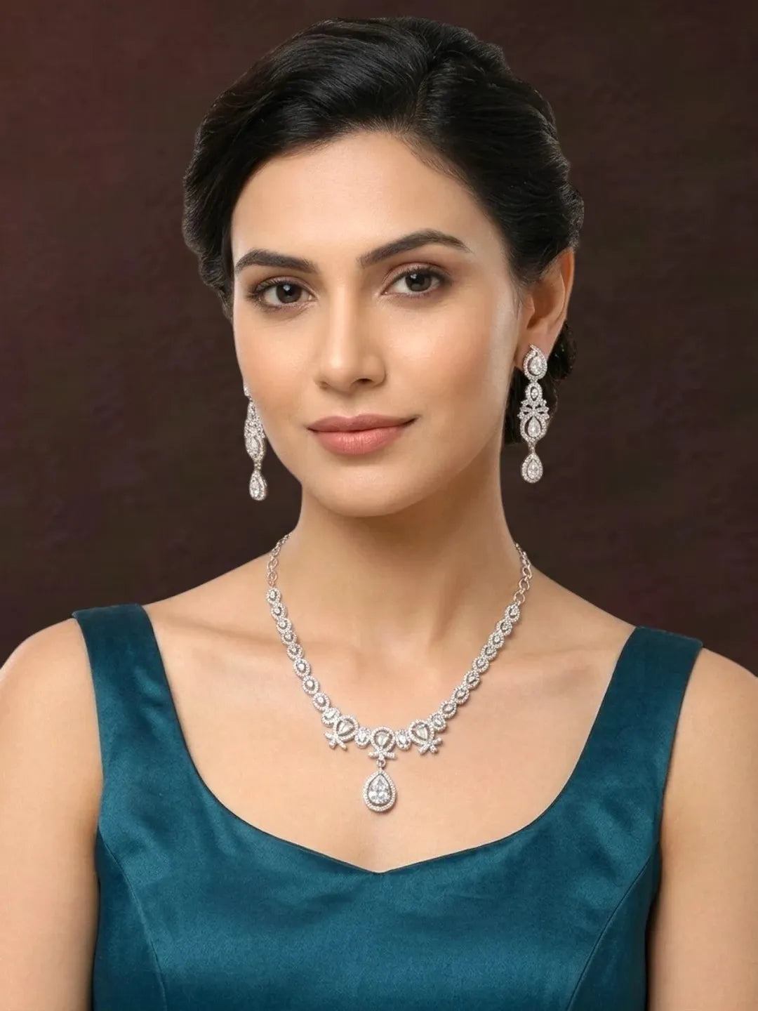 Silver Plated Pear Shape AD Necklace Set