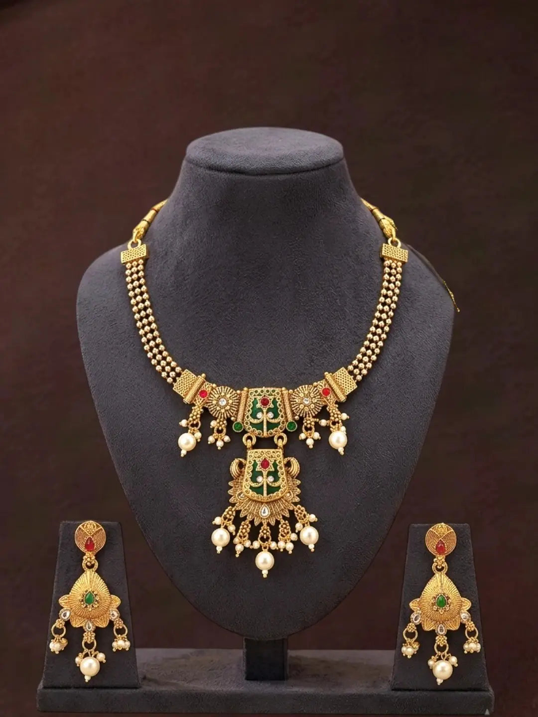 Gold Plated Green Heritage Necklace Set