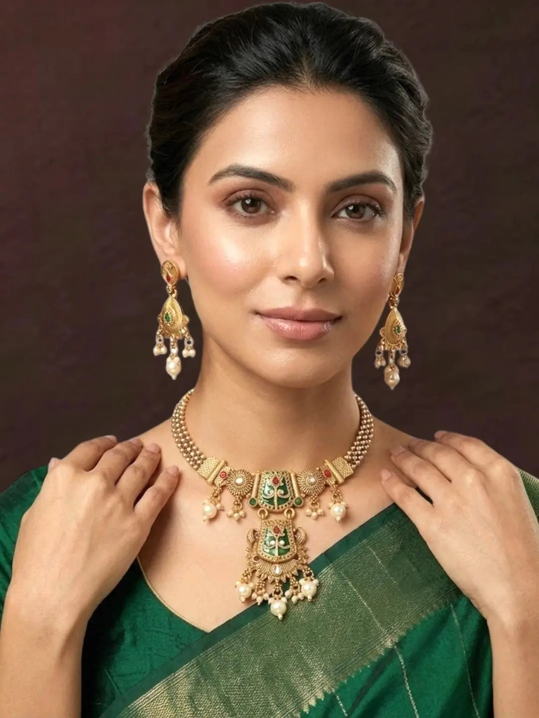 Gold Plated Green Heritage Necklace Set
