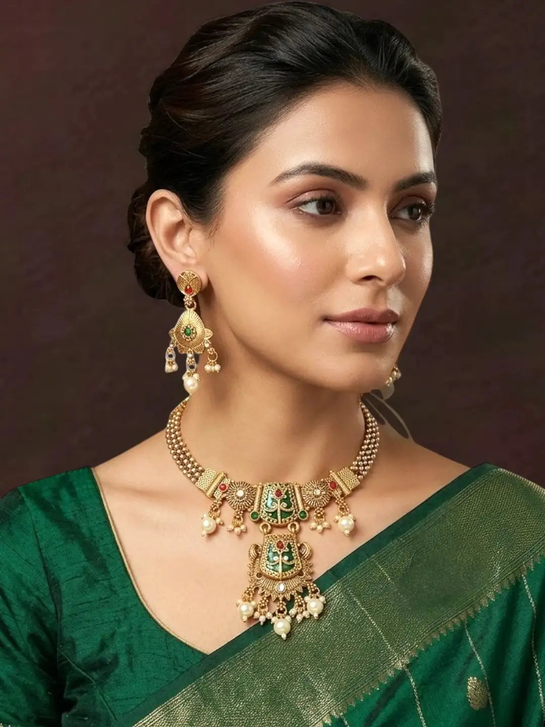 Gold Plated Green Heritage Necklace Set