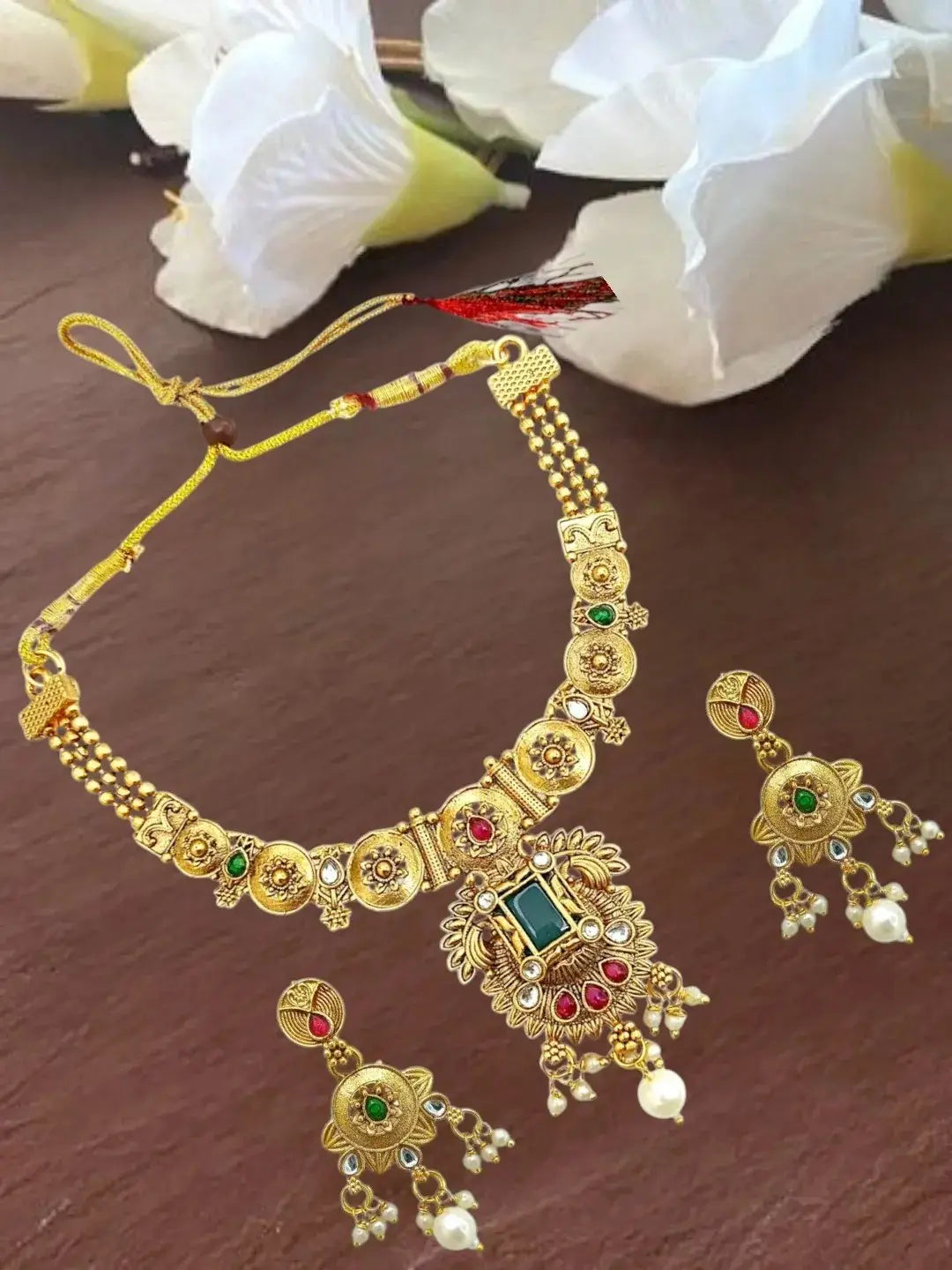 Gold Plated Rajwadi Matte Finish Necklace Set