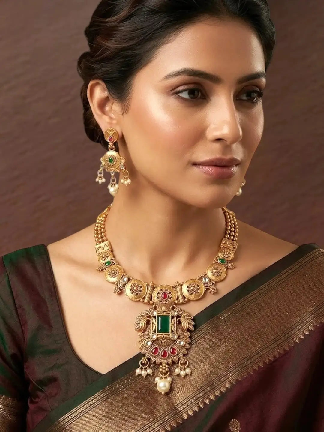 Gold Plated Rajwadi Matte Finish Necklace Set
