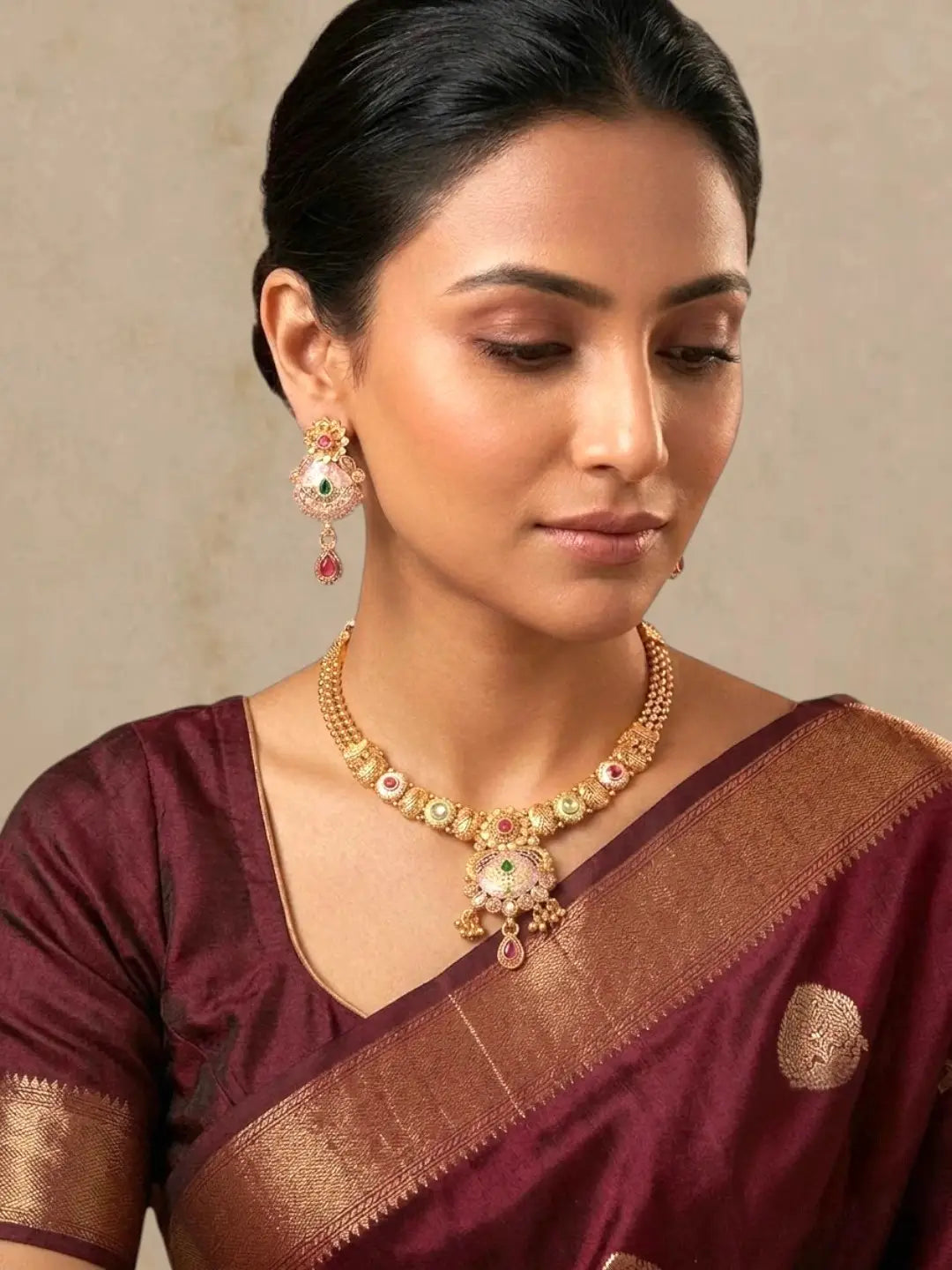 Gold Plated Kundan Meenkari Rajwadi Necklace Set