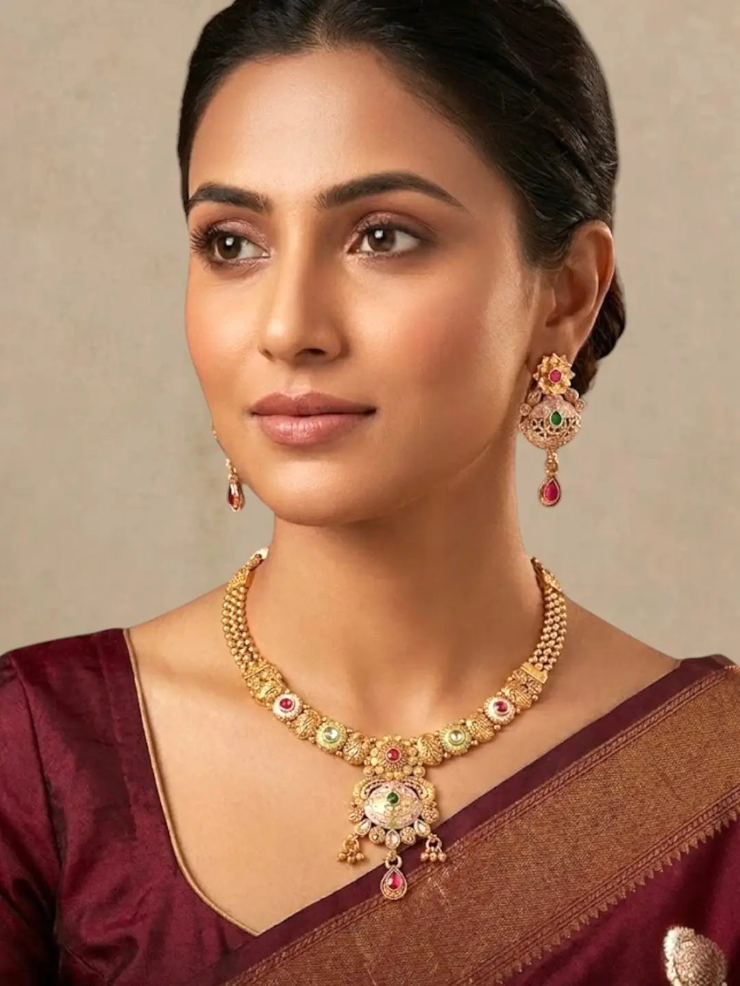Gold Plated Kundan Meenkari Rajwadi Necklace Set