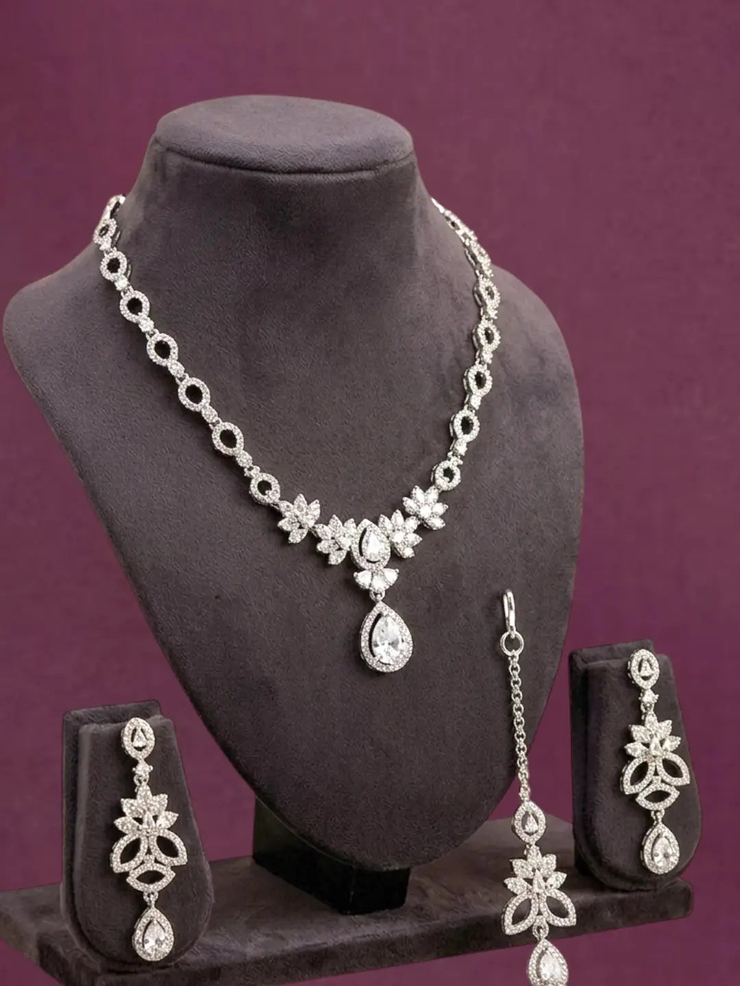Silver Plated American Diamond Leafy Necklace Set