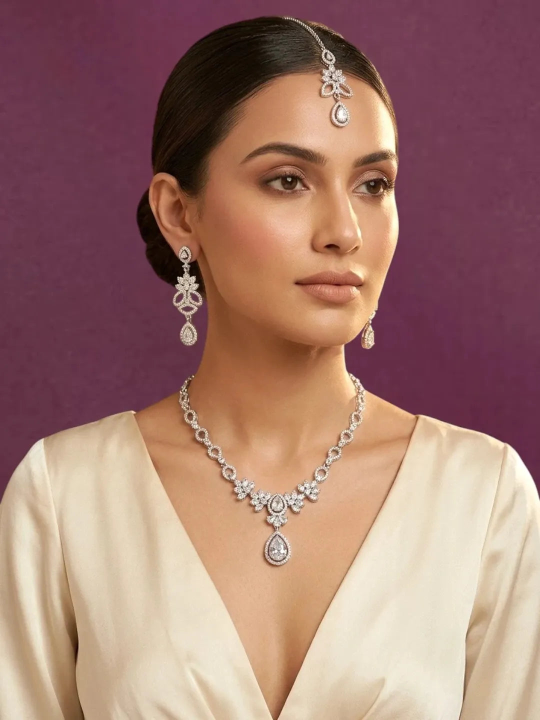 Silver Plated American Diamond Leafy Necklace Set