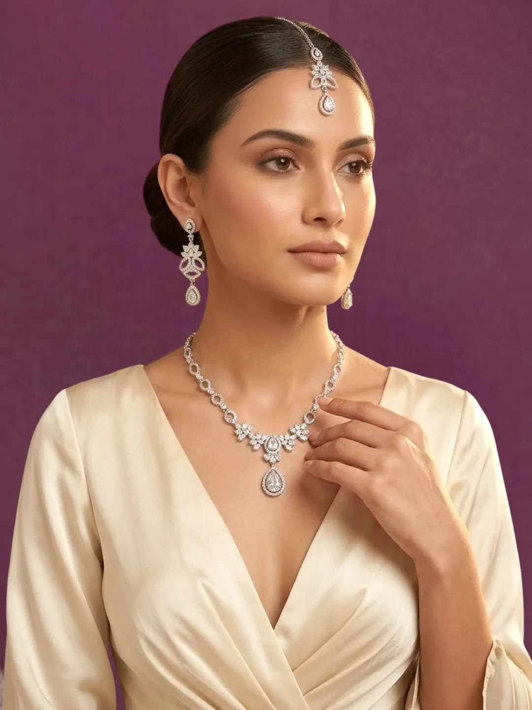 Silver Plated American Diamond Leafy Necklace Set