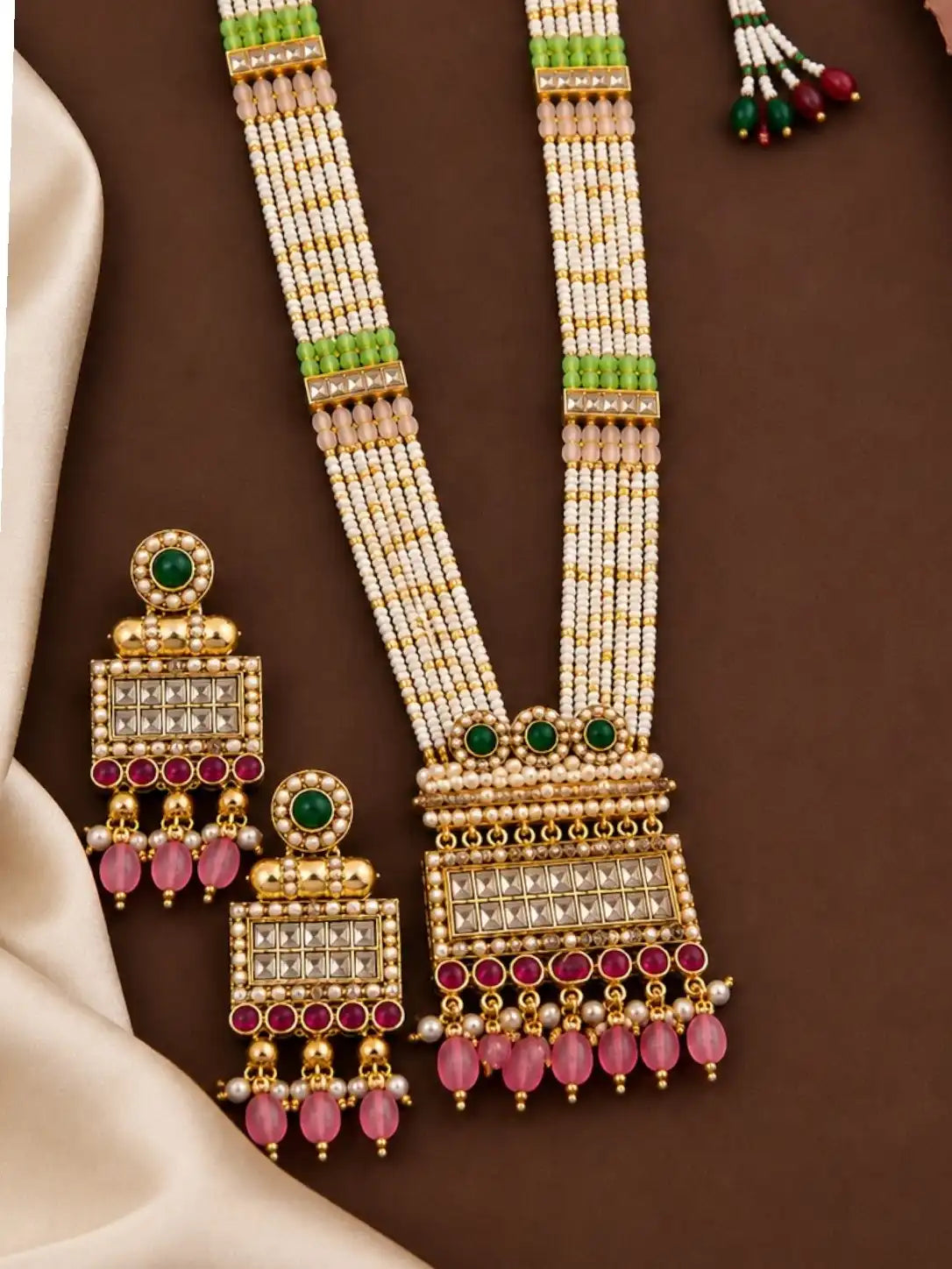 Gold Plated Seed Beads Choki Long Necklace Set with Matching Earrings