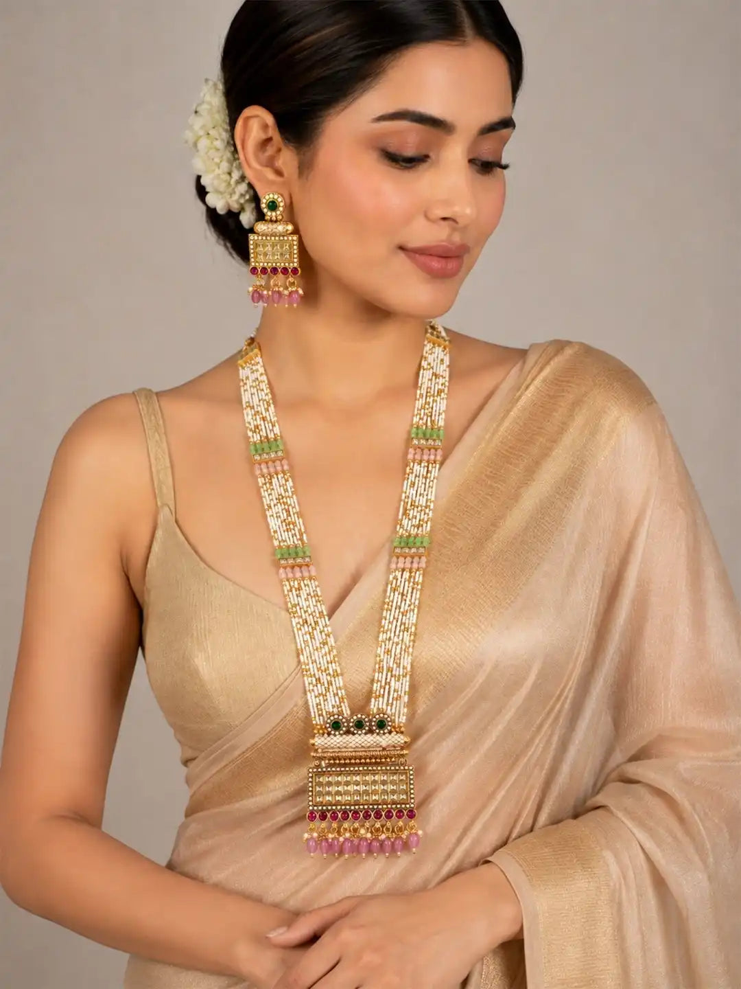 Gold Plated Seed Beads Choki Long Necklace Set with Matching Earrings
