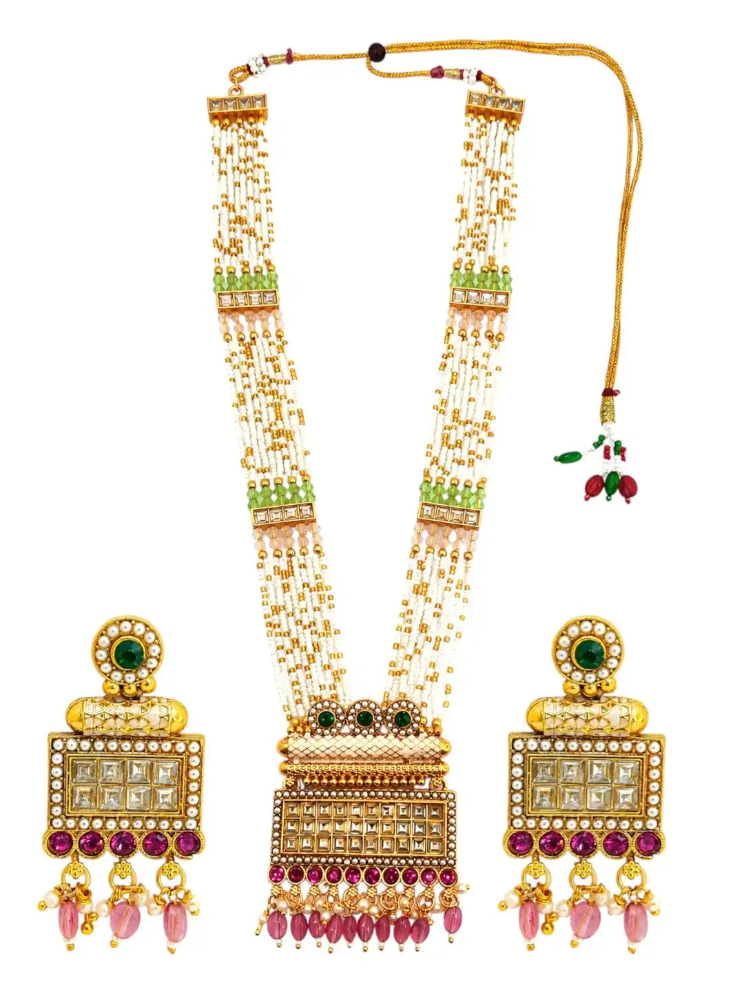Gold Plated Seed Beads Choki Long Necklace Set with Matching Earrings