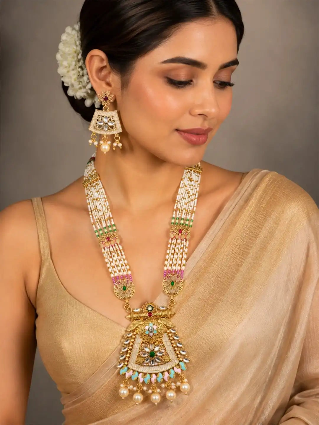 Gold Plated Kundan Meenakari Long Rajwadi Necklace Set with Matching Earrings