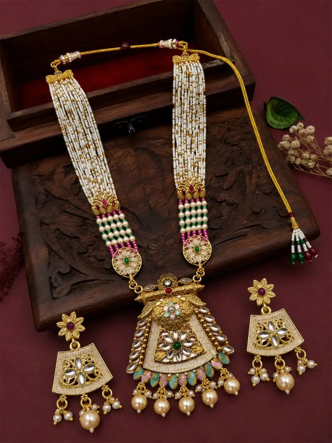 Gold Plated Kundan Meenakari Long Rajwadi Necklace Set with Matching Earrings