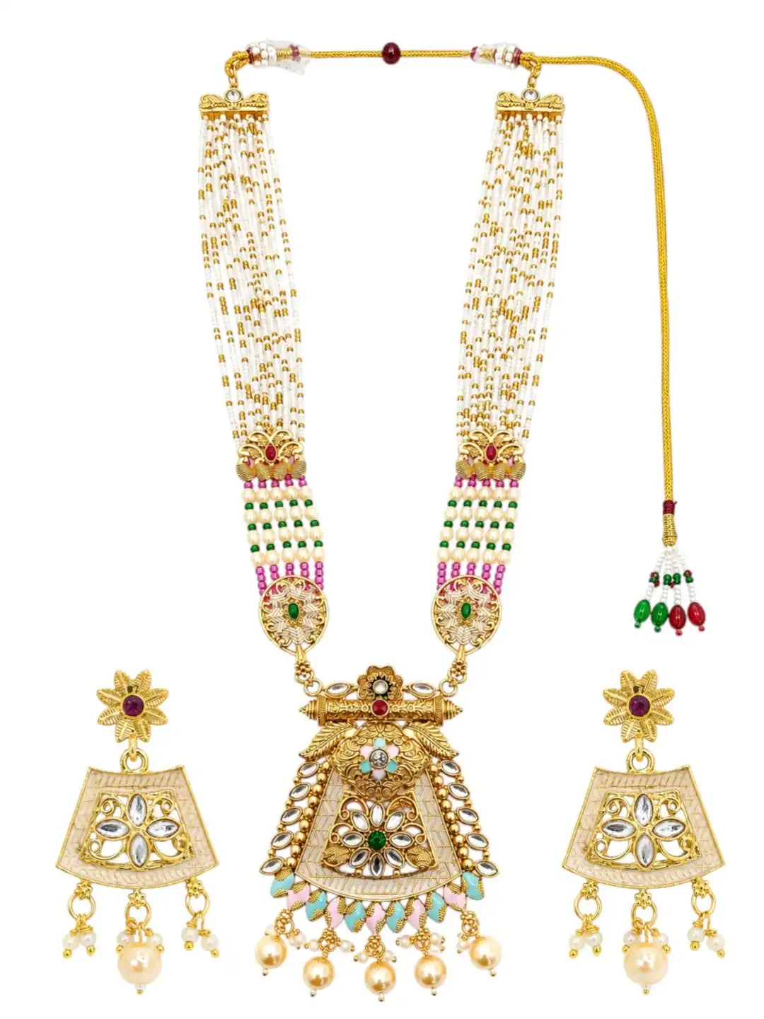 Gold Plated Kundan Meenakari Long Rajwadi Necklace Set with Matching Earrings