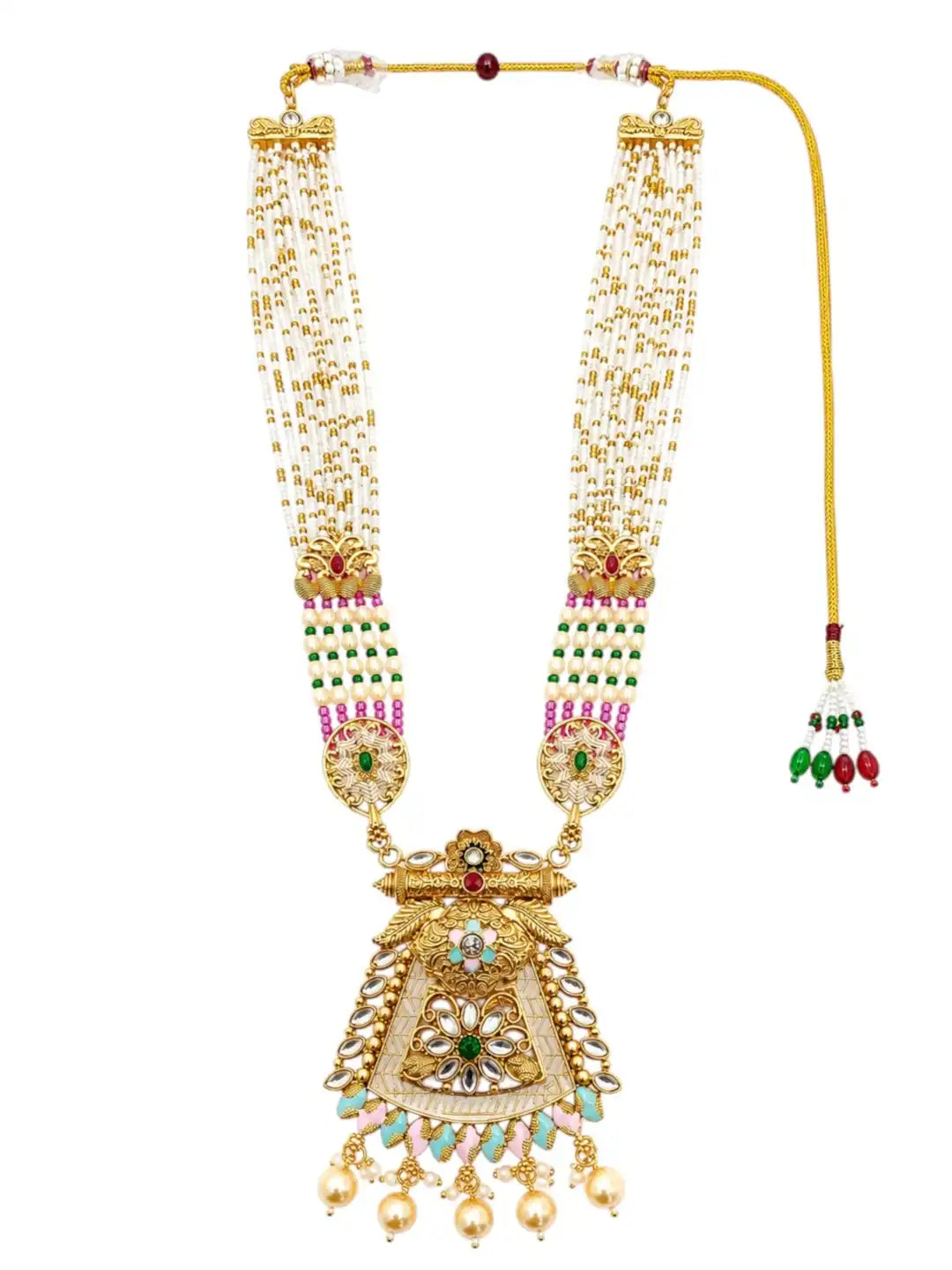 Gold Plated Kundan Meenakari Long Rajwadi Necklace Set with Matching Earrings
