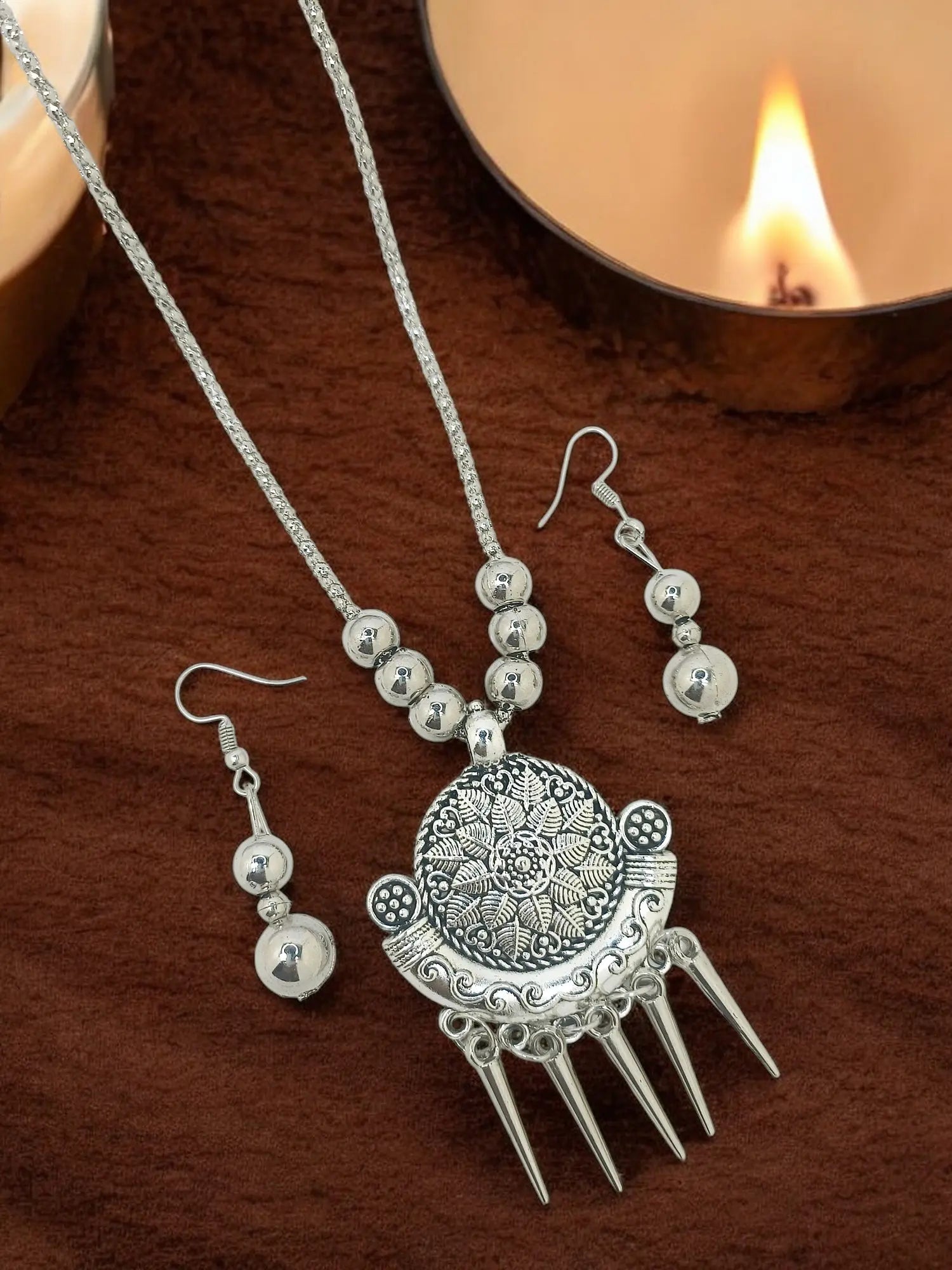 Silver Oxidized Intricate Tribal Pendant Necklace with Matching Earrings