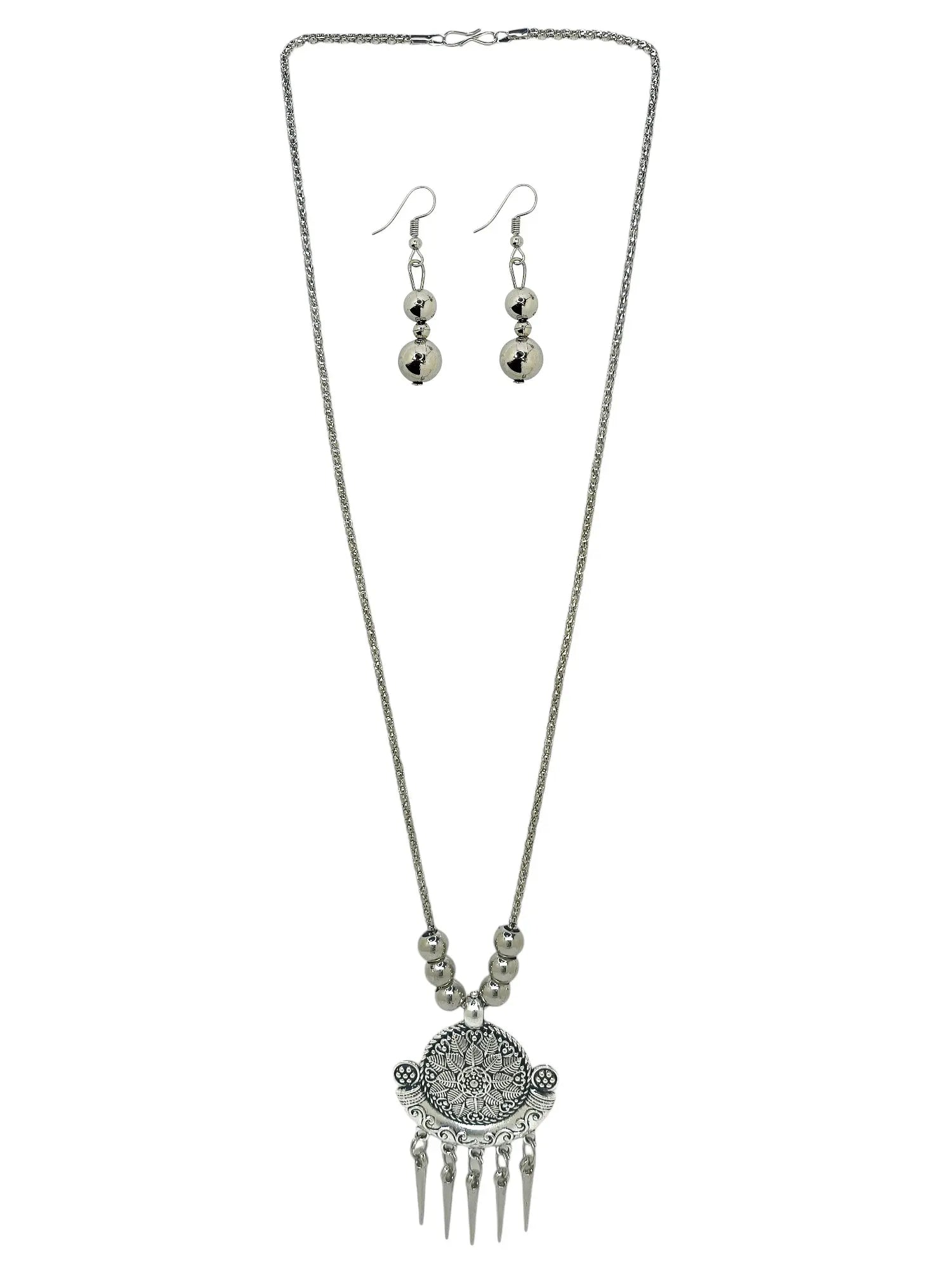Silver Oxidized Intricate Tribal Pendant Necklace with Matching Earrings