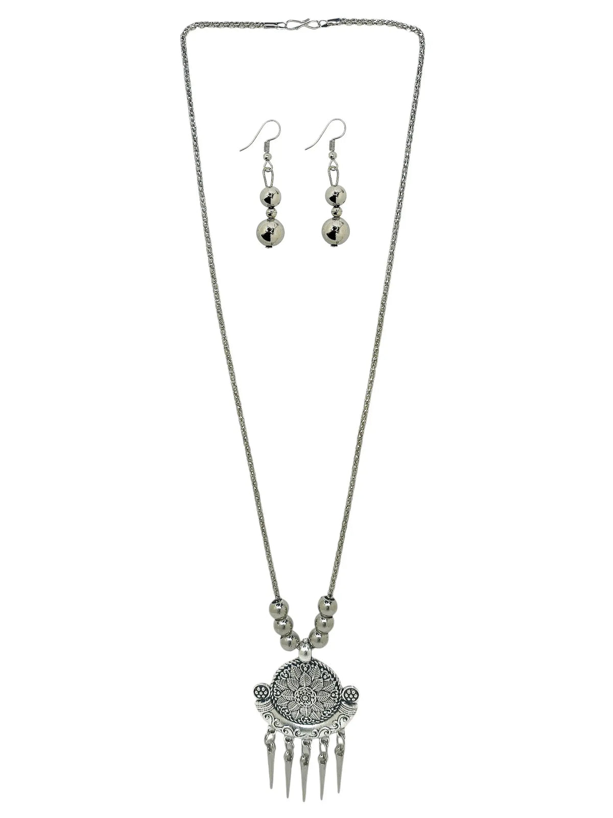 Silver Oxidized Intricate Tribal Pendant Necklace with Matching Earrings