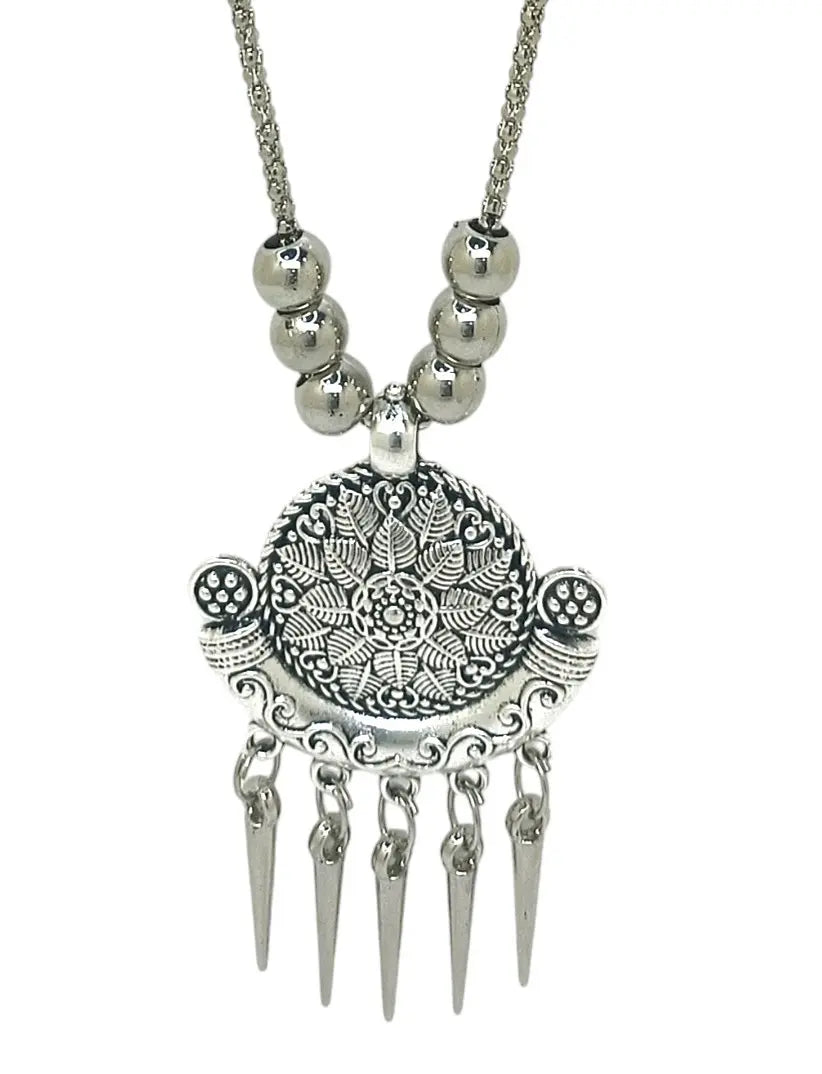 Silver Oxidized Intricate Tribal Pendant Necklace with Matching Earrings