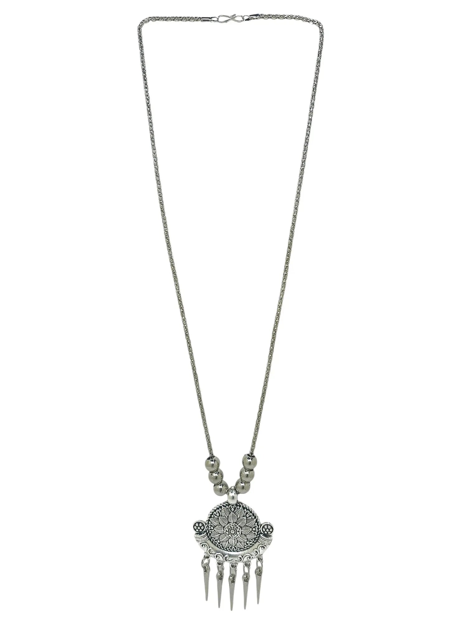 Silver Oxidized Intricate Tribal Pendant Necklace with Matching Earrings