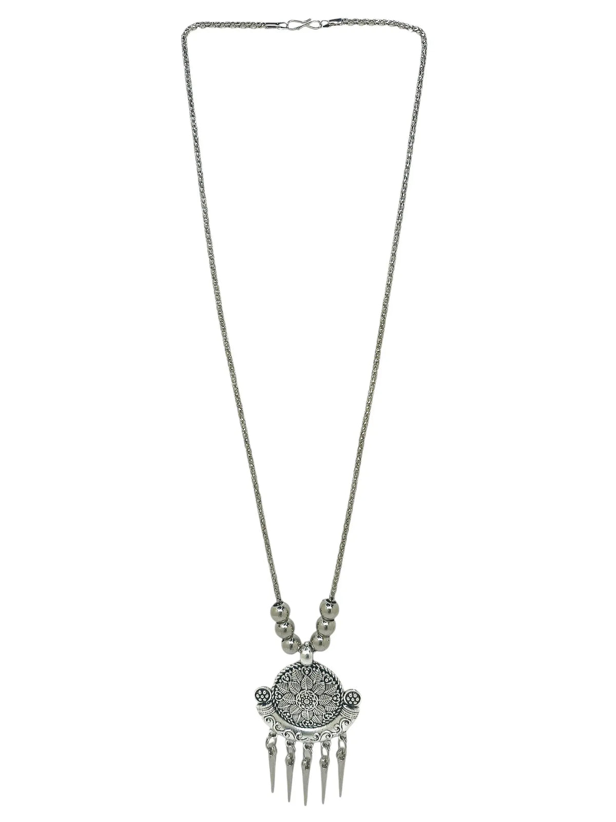 Silver Oxidized Intricate Tribal Pendant Necklace with Matching Earrings