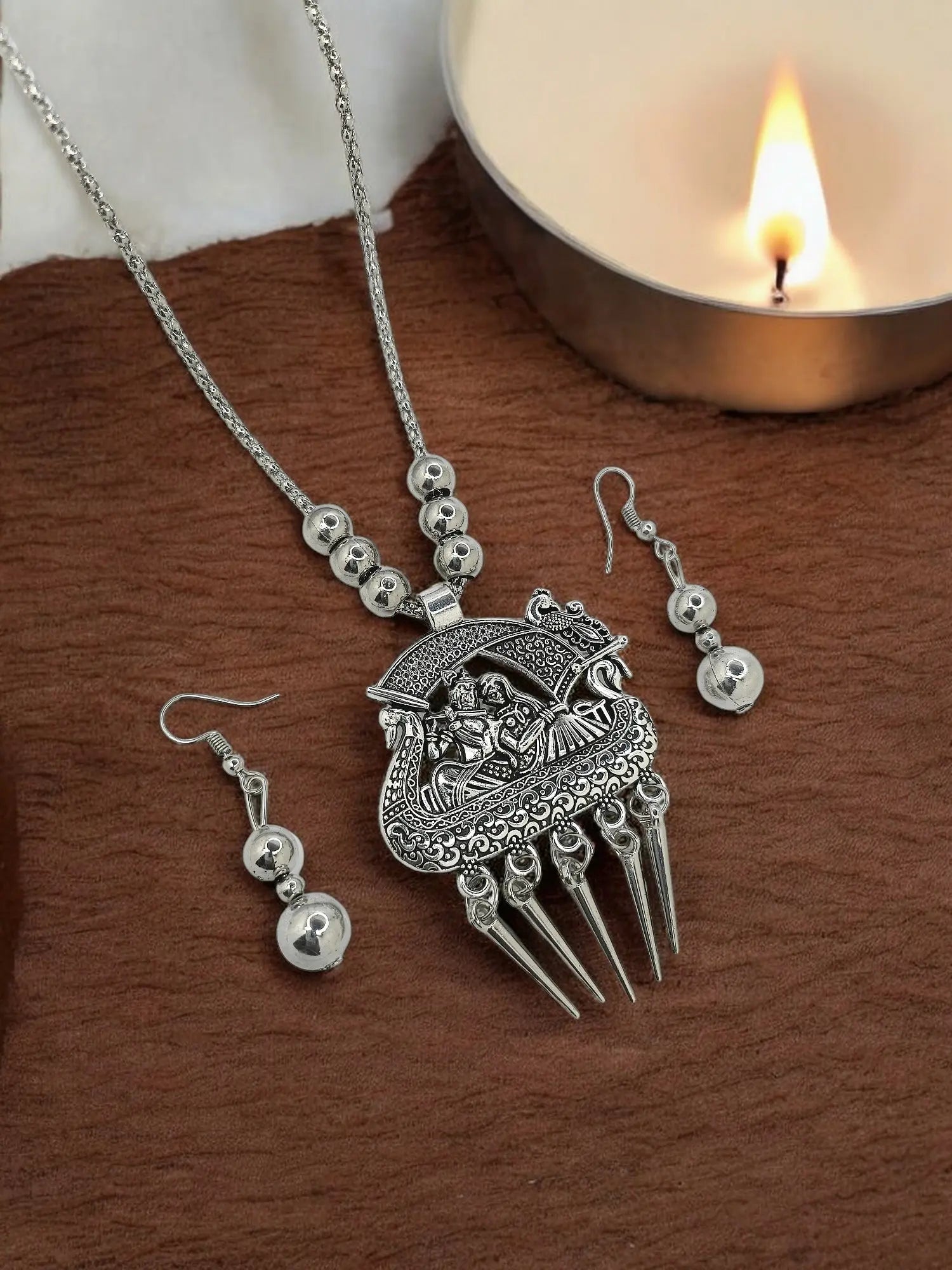 Silver Oxidized Intricate Pendant Necklace with Matching Earrings