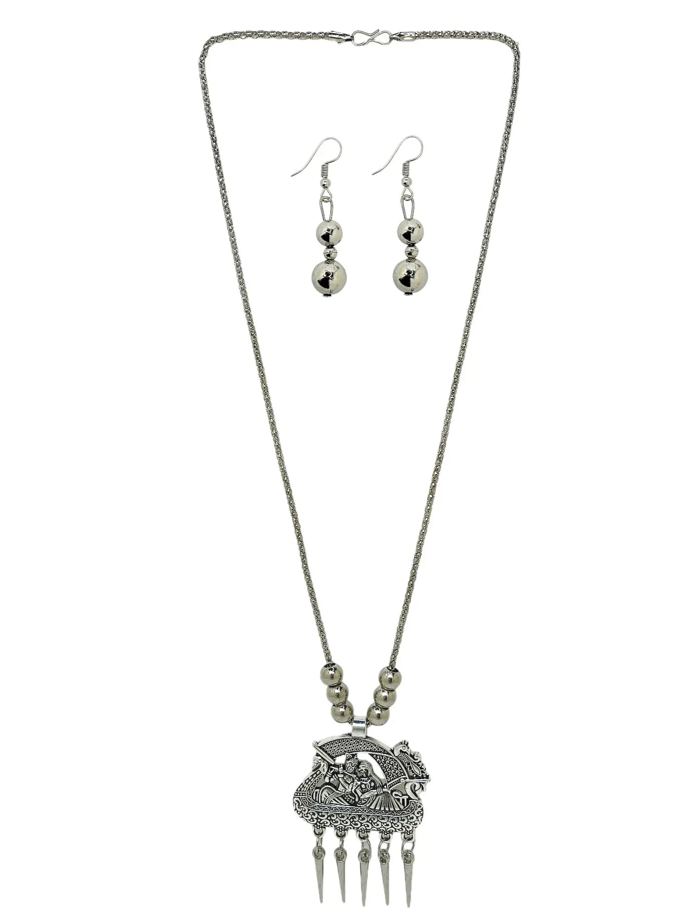 Silver Oxidized Intricate Pendant Necklace with Matching Earrings