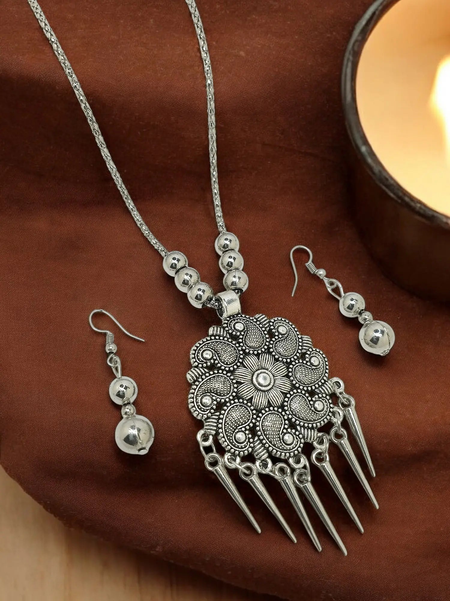 Silver Oxidized Tribal Silver Necklace With Earring